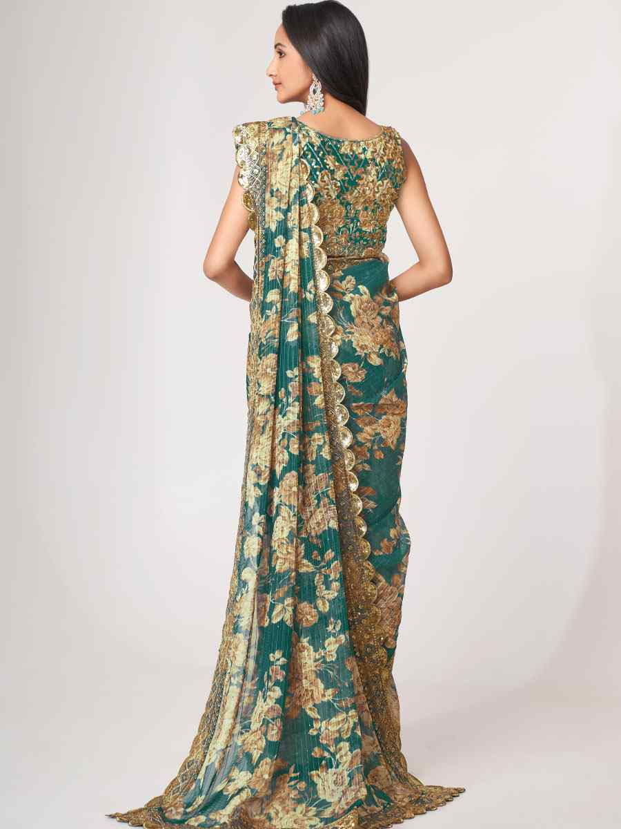 Teal Blue Organza Printed Embroidery Festival Wedding Fancy Heavy Border Saree