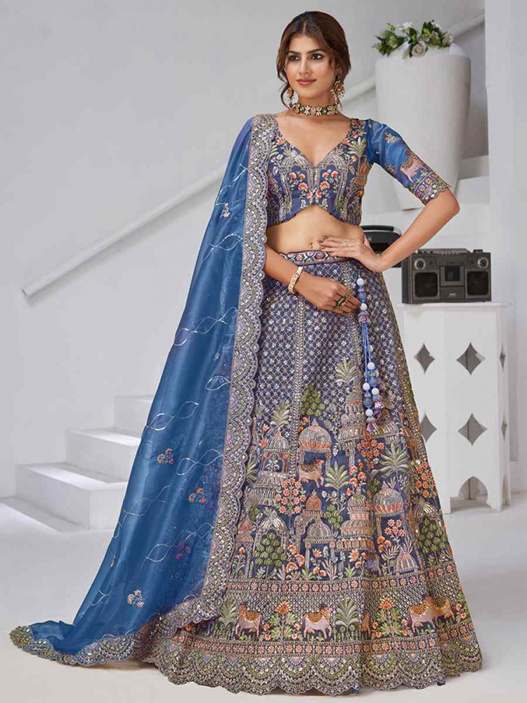 Image of Teal Blue Organza Tissue Embroidered Wedding Reception Festival Heavy Border Lehenga Choli