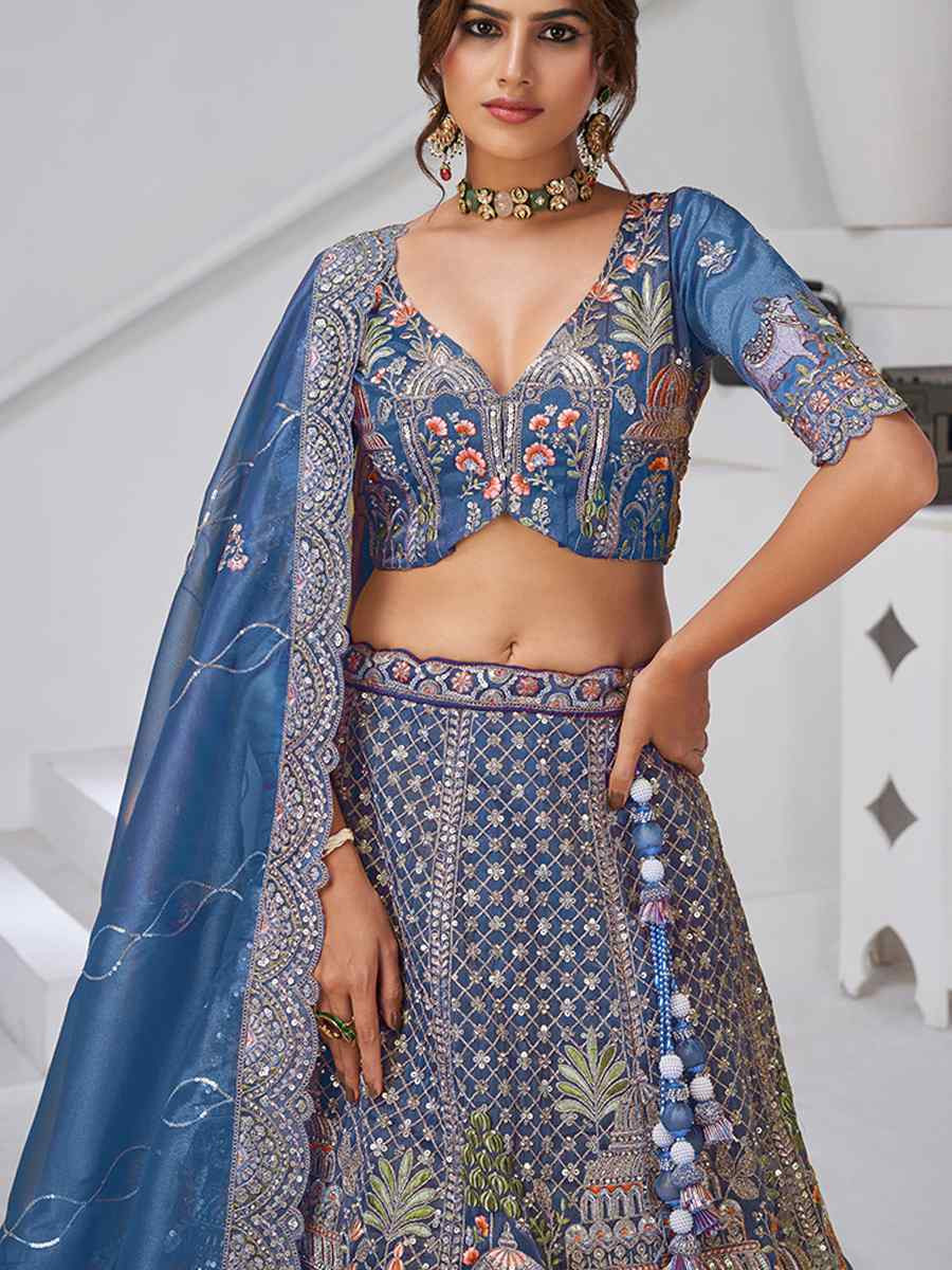 Teal Blue Organza Tissue Embroidered Wedding Reception Festival Heavy Border Lehenga Choli