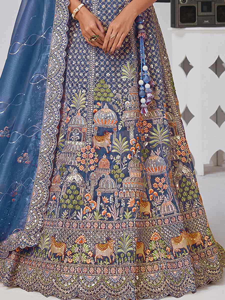 Teal Blue Organza Tissue Embroidered Wedding Reception Festival Heavy Border Lehenga Choli