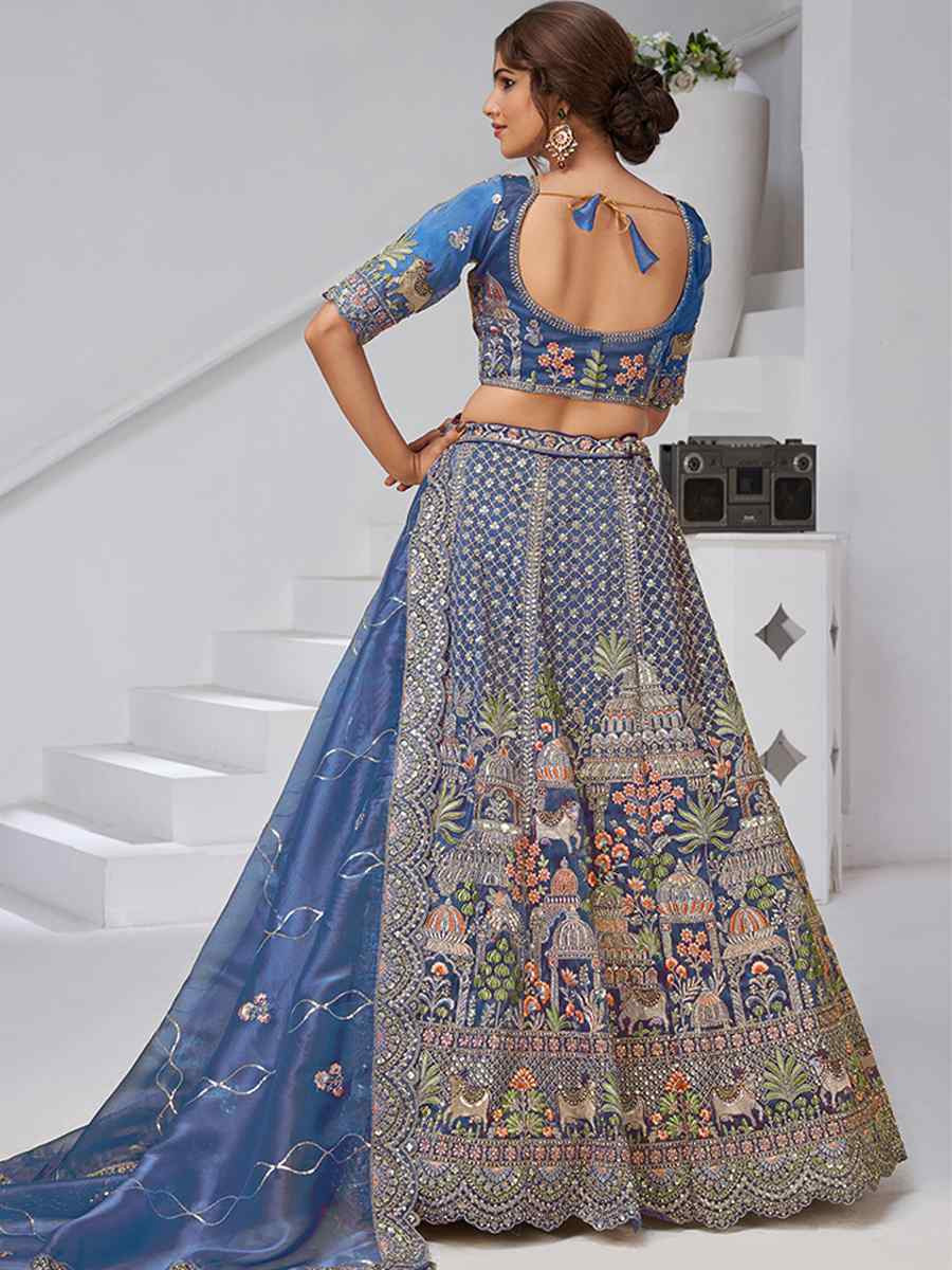 Teal Blue Organza Tissue Embroidered Wedding Reception Festival Heavy Border Lehenga Choli