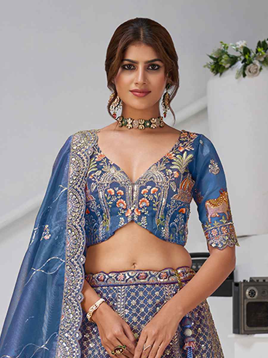 Teal Blue Organza Tissue Embroidered Wedding Reception Festival Heavy Border Lehenga Choli