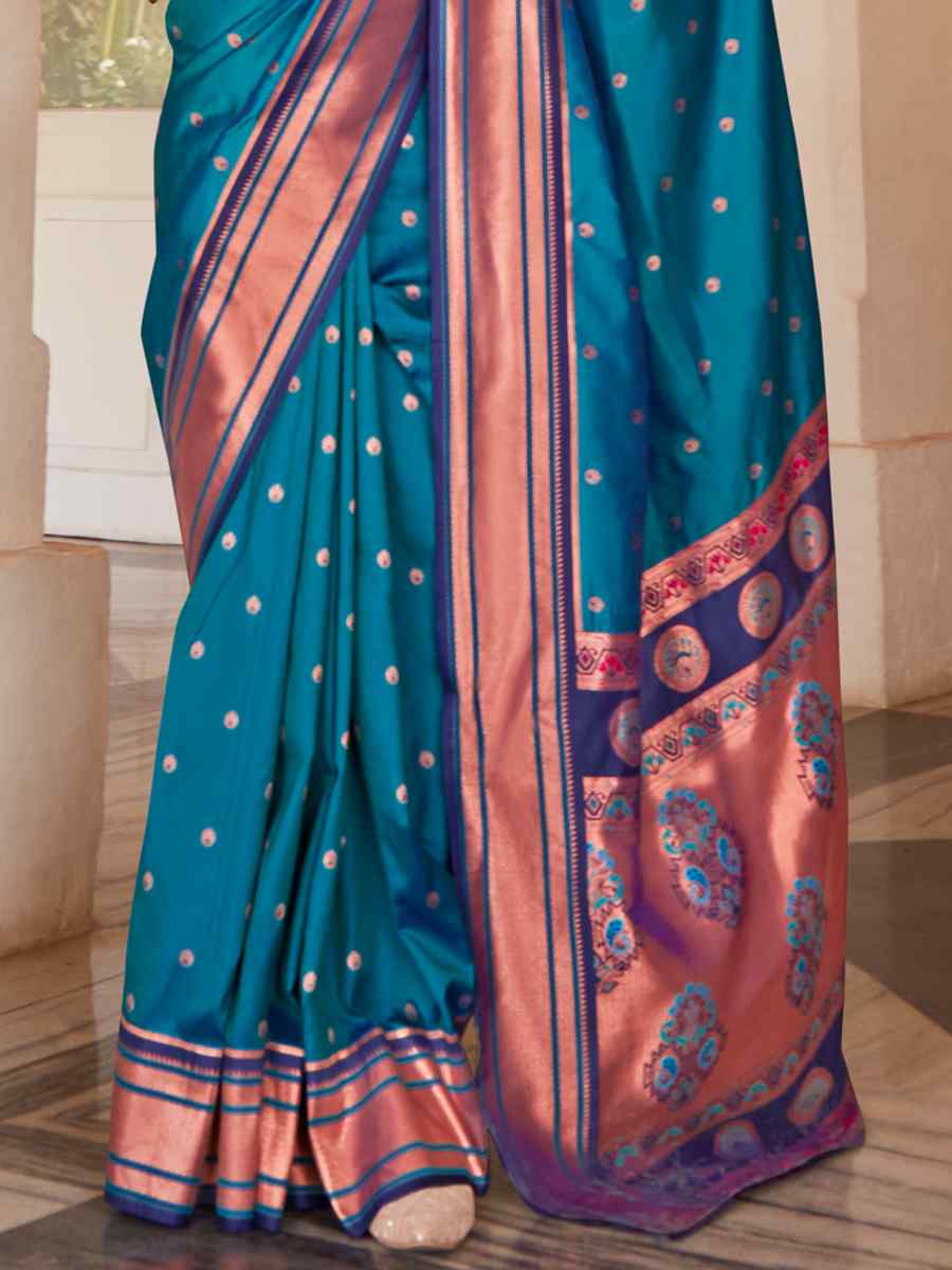 Teal Blue Paithani Silk Handwoven Wedding Festival Heavy Border Saree