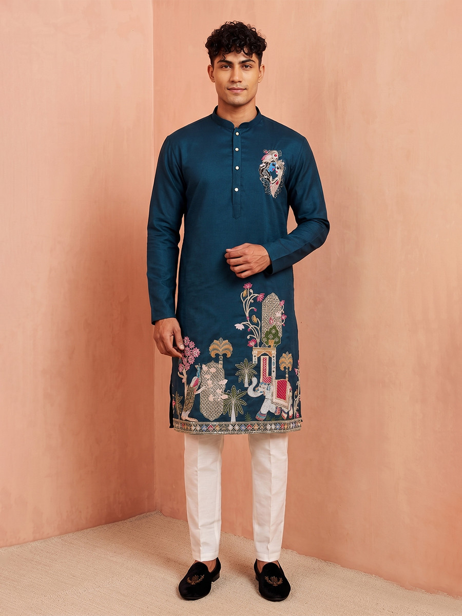 Teal Blue Polystar Satin Mix Silk Embroidery Beads Wedding Party Festival Casual Mens Wear Kurta
