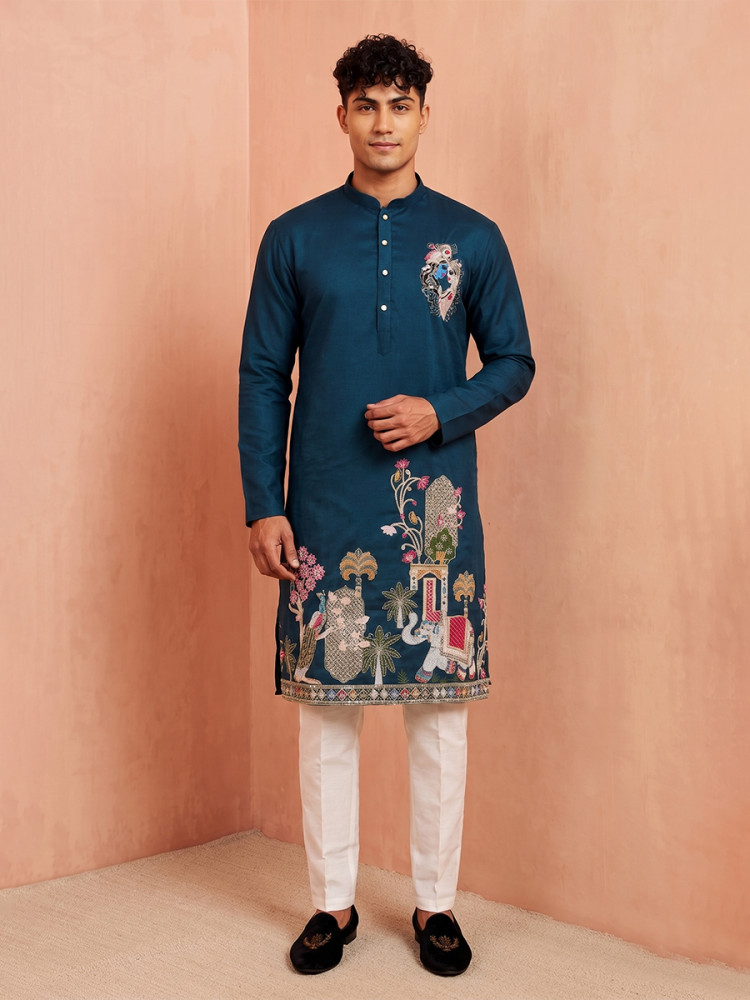Image of Teal Blue Polystar &amp; Satin Mix. Silk Embroidery Beads Wedding Party Festival Casual Mens Wear Kurta