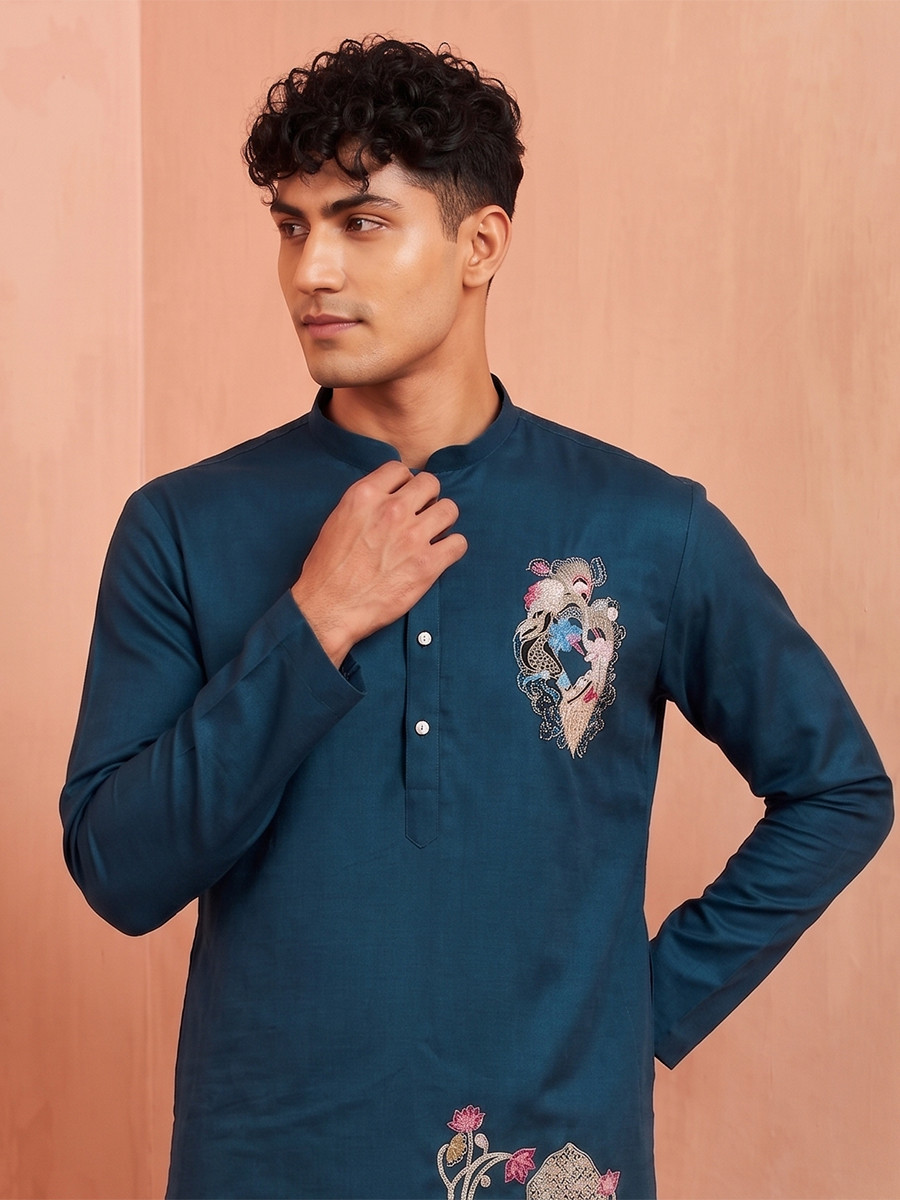 Teal Blue Polystar  Satin Mix Silk Embroidery Beads Wedding Party Festival Casual Mens Wear Kurta