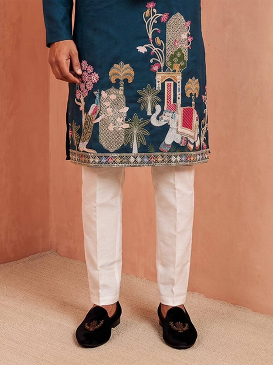 Teal Blue Polystar  Satin Mix Silk Embroidery Beads Wedding Party Festival Casual Mens Wear Kurta