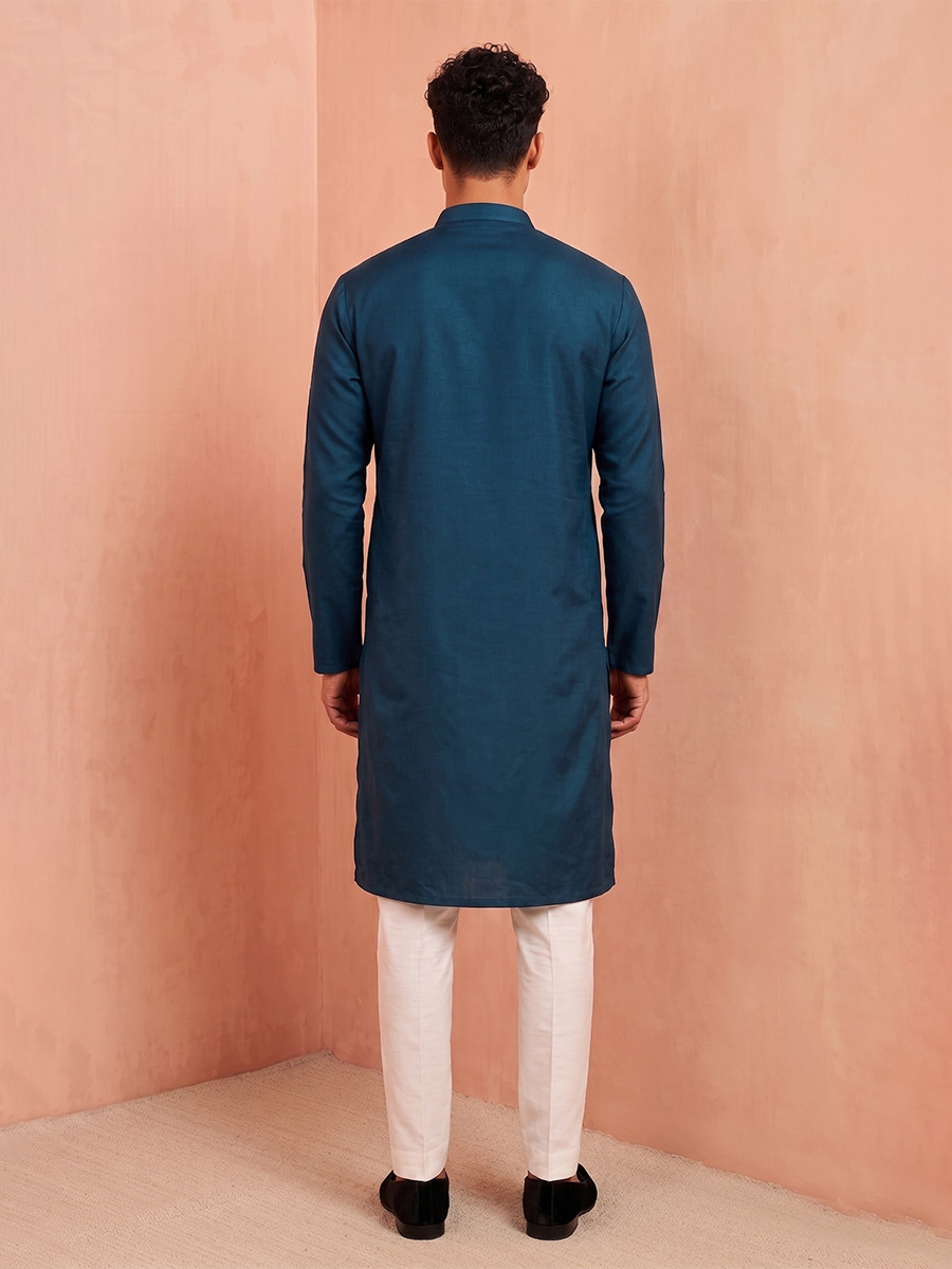 Teal Blue Polystar  Satin Mix Silk Embroidery Beads Wedding Party Festival Casual Mens Wear Kurta