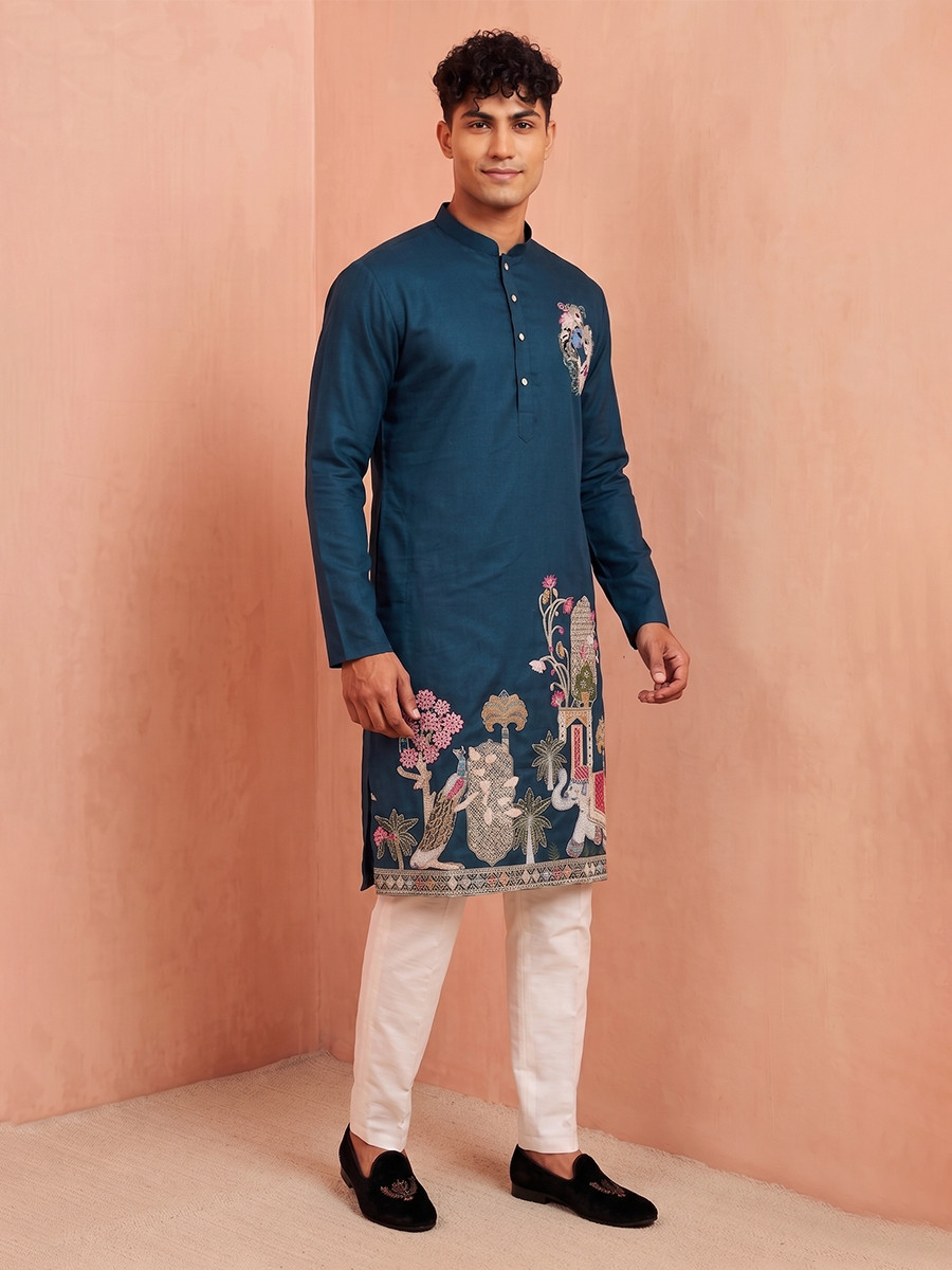 Teal Blue Polystar  Satin Mix Silk Embroidery Beads Wedding Party Festival Casual Mens Wear Kurta