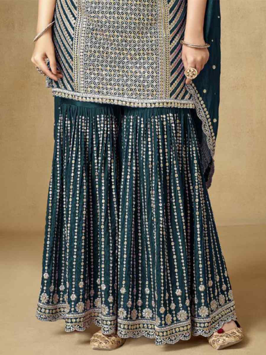 Teal Blue Premium Chinon Embroidered Festival Wedding Sharara Pant Salwar Kameez