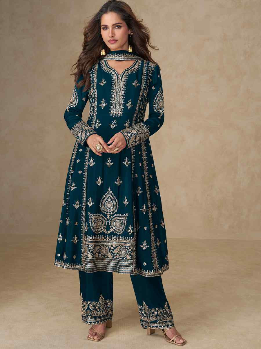 Teal Blue Premium Chinon Silk Embroidery Party Wedding Festival Casual Ready Pant Salwar Kameez