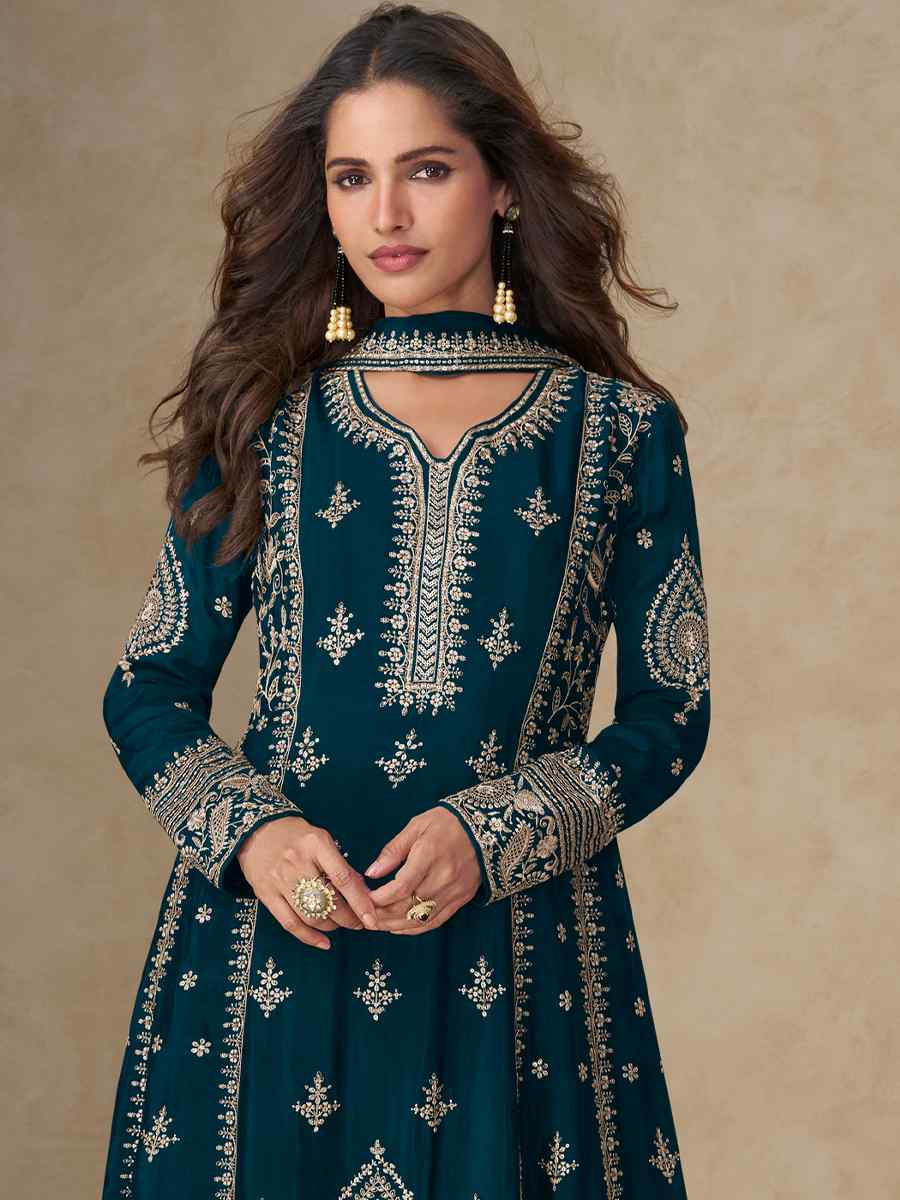 Teal Blue Premium Chinon Silk Embroidery Party Wedding Festival Casual Ready Pant Salwar Kameez