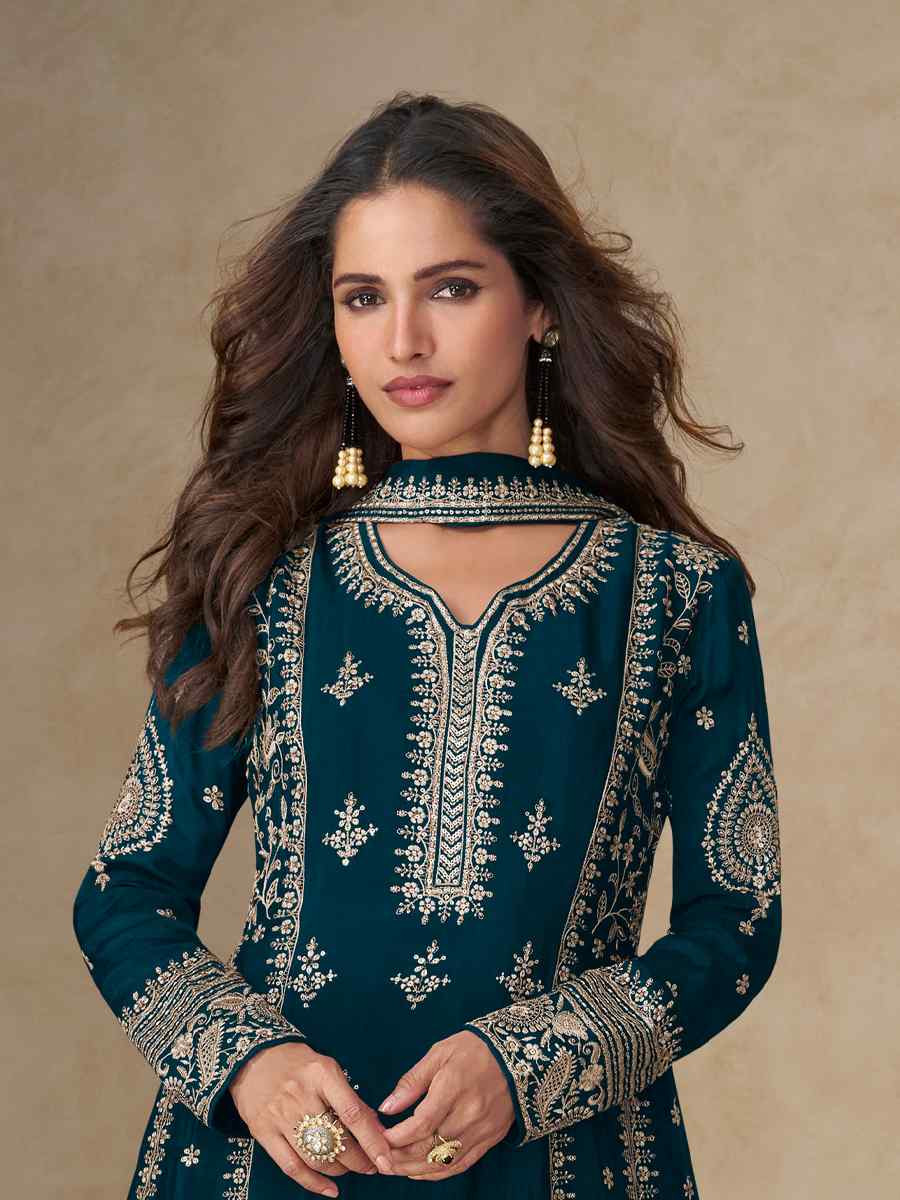 Teal Blue Premium Chinon Silk Embroidery Party Wedding Festival Casual Ready Pant Salwar Kameez