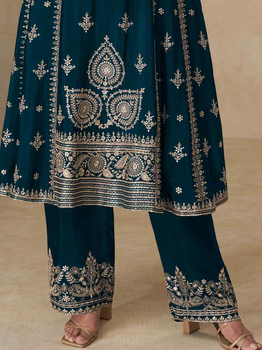 Teal Blue Premium Chinon Silk Embroidery Party Wedding Festival Casual Ready Pant Salwar Kameez