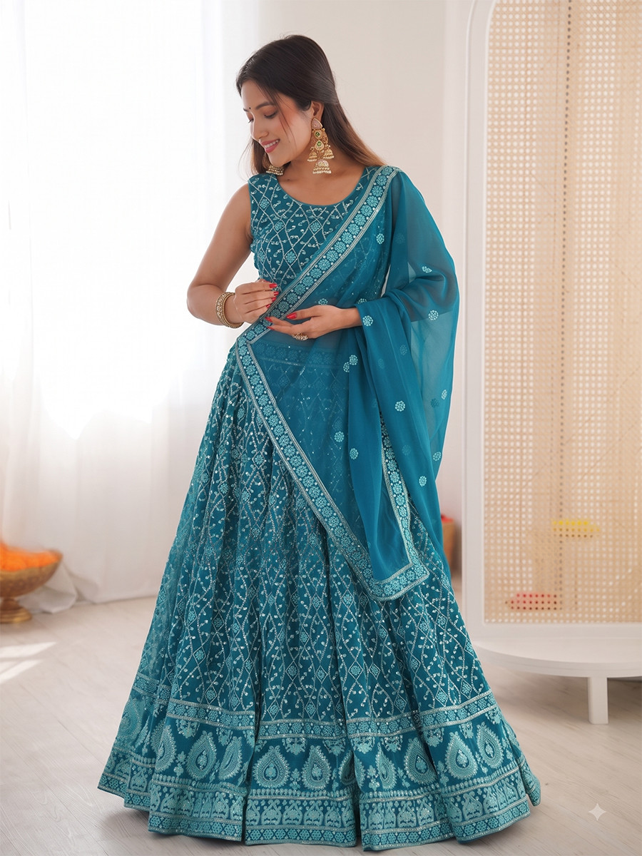 Teal Blue Premium Faux Georgette Embroidery Sequins Wedding Reception Festival Party Wear Heavy Border Lehenga Choli