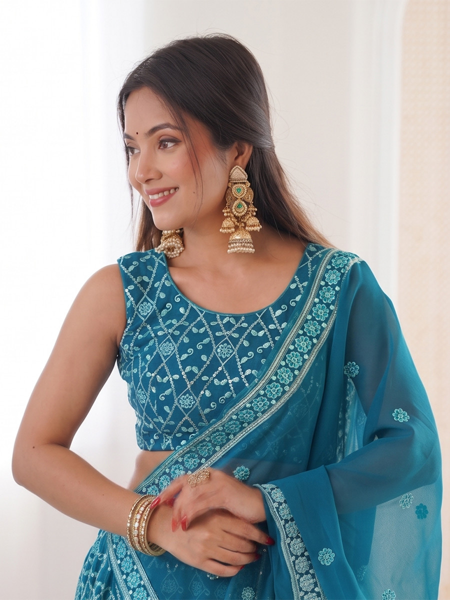 Teal Blue Premium Faux Georgette Embroidery Sequins Wedding Reception Festival Party Wear Heavy Border Lehenga Choli
