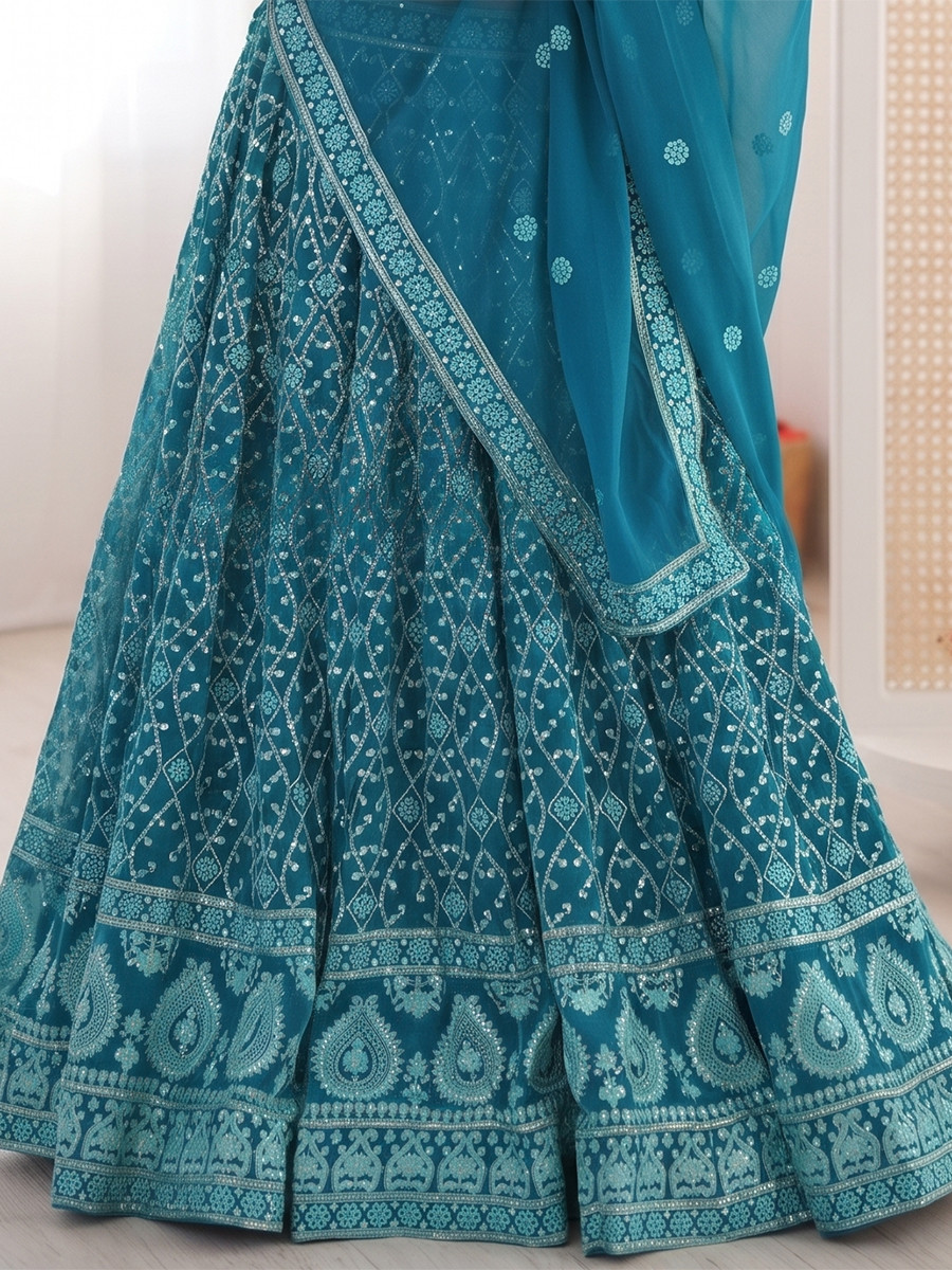 Teal Blue Premium Faux Georgette Embroidery Sequins Wedding Reception Festival Party Wear Heavy Border Lehenga Choli