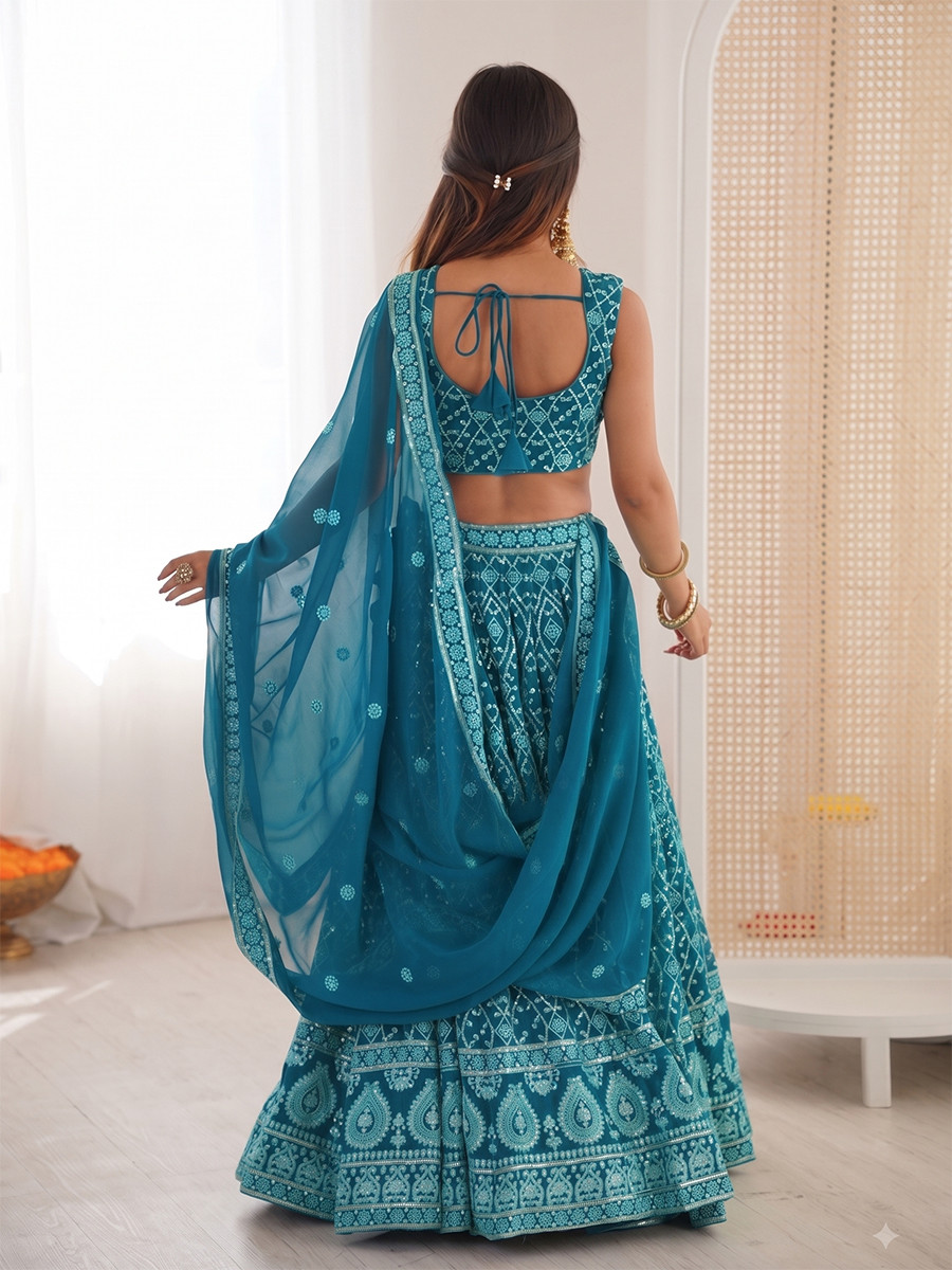 Teal Blue Premium Faux Georgette Embroidery Sequins Wedding Reception Festival Party Wear Heavy Border Lehenga Choli