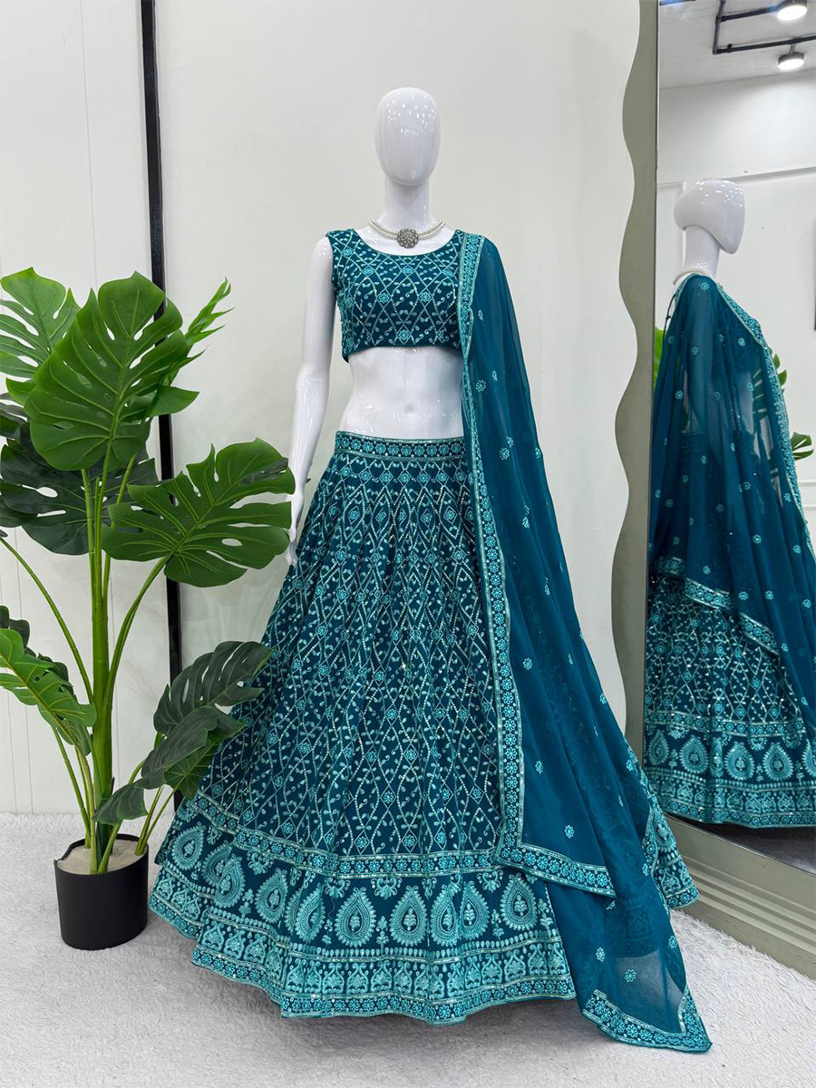 Teal Blue Premium Faux Georgette Embroidery Sequins Wedding Reception Festival Party Wear Heavy Border Lehenga Choli