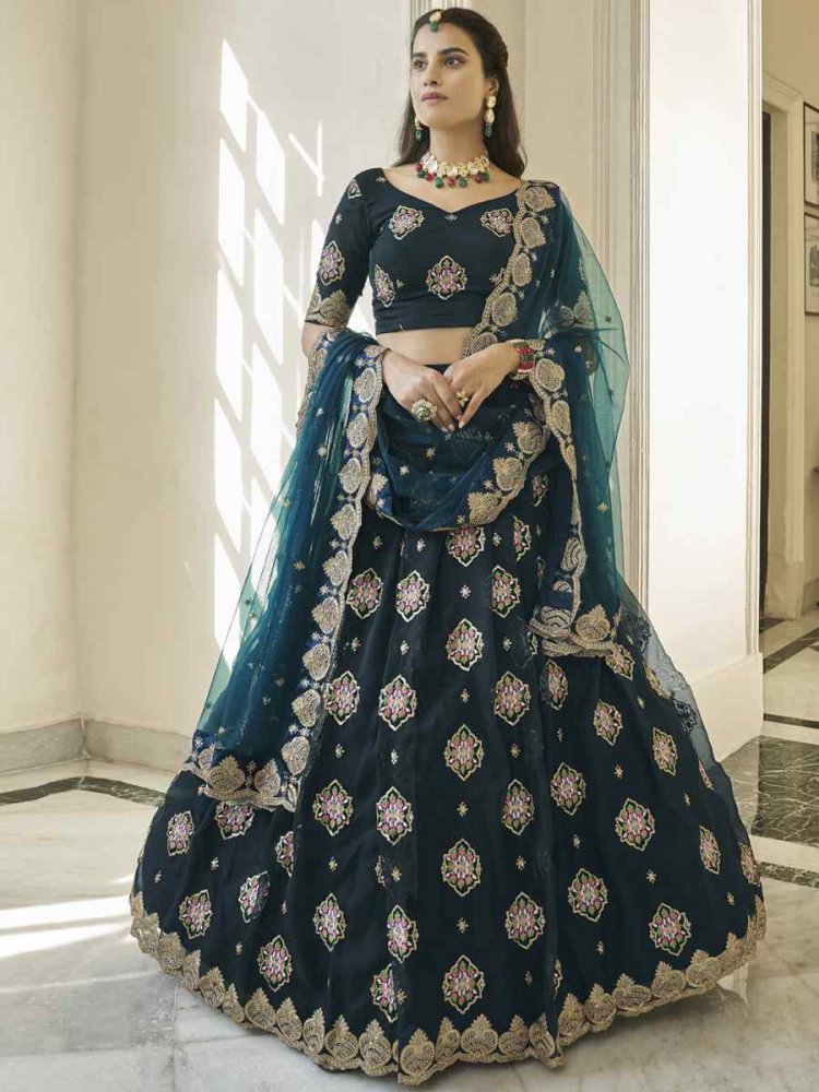 Teal Blue Premium Organza Embroidered Festival Party Wear Heavy Border Lehenga Choli