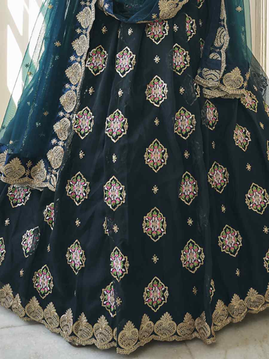 Teal Blue Premium Organza Embroidered Festival Party Wear Heavy Border Lehenga Choli