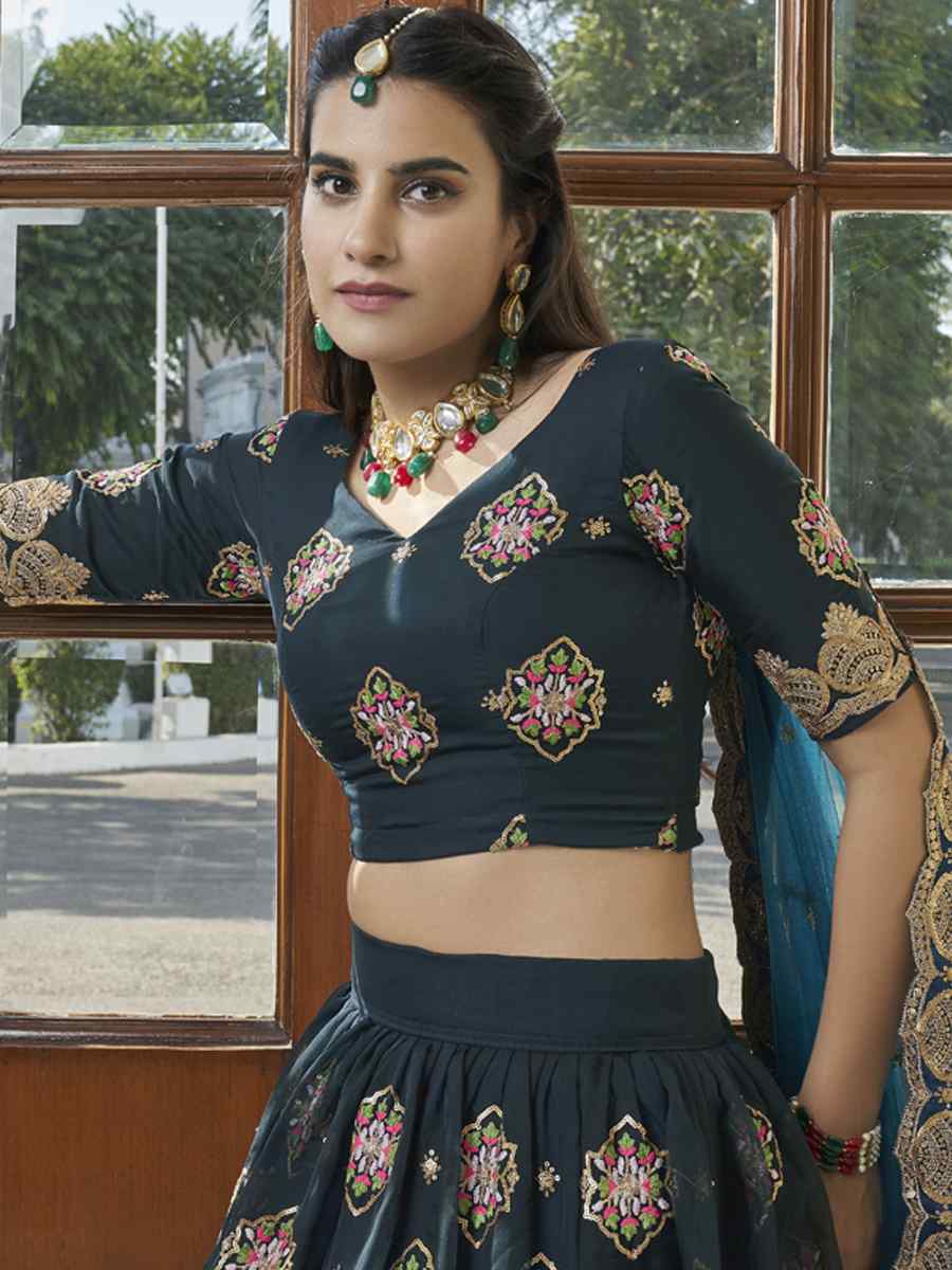 Teal Blue Premium Organza Embroidered Festival Party Wear Heavy Border Lehenga Choli