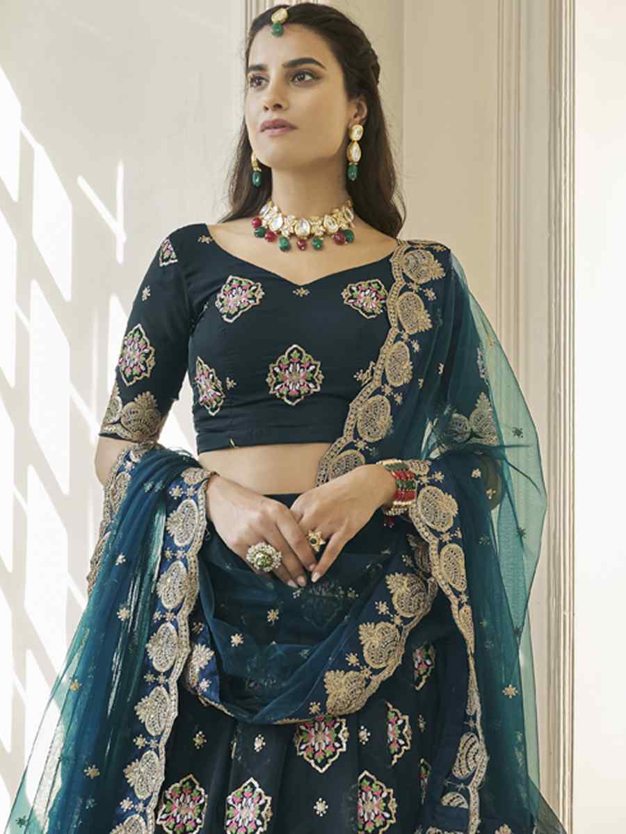 Teal Blue Premium Organza Embroidered Festival Party Wear Heavy Border Lehenga Choli