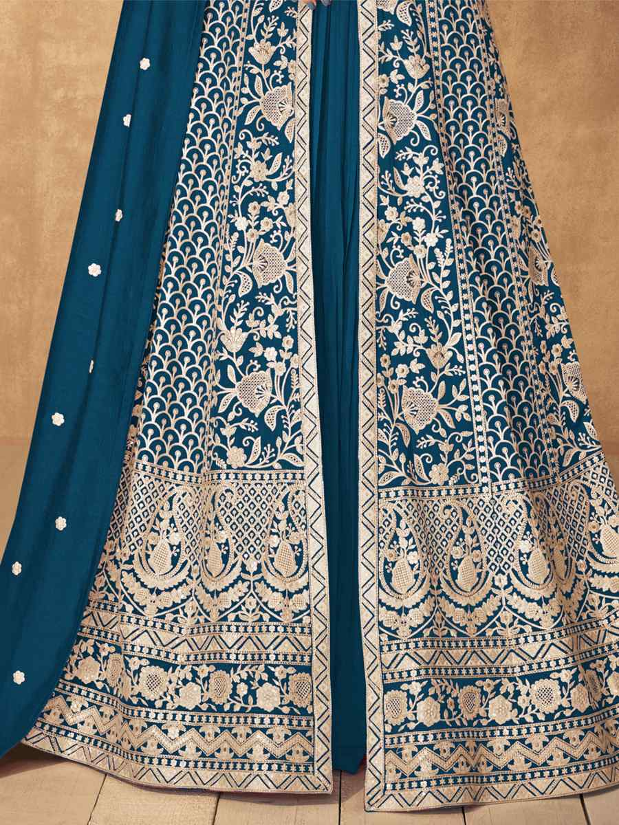 Teal Blue Premium Silk Embroidered Festival Wedding Anarkali Salwar Kameez