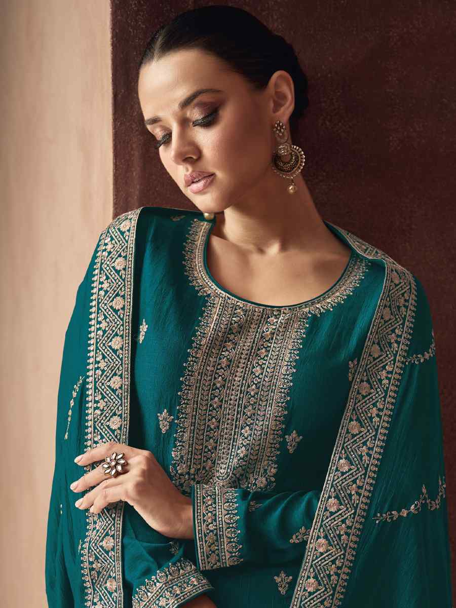 Teal Blue Premium Silk Embroidered Festival Wedding Pant Salwar Kameez