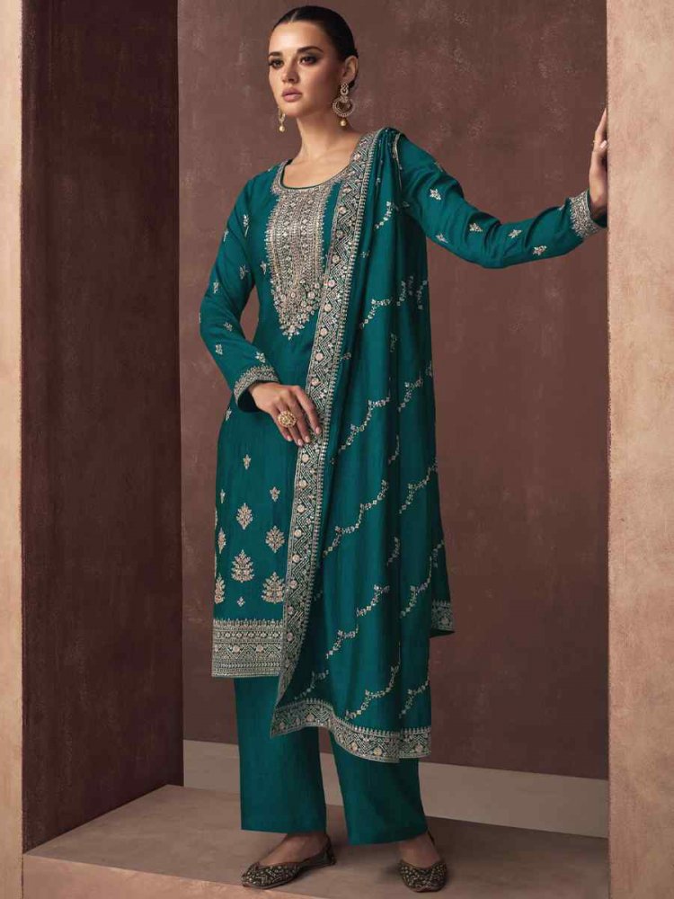 Teal Blue Premium Silk Embroidered Festival Wedding Pant Salwar Kameez