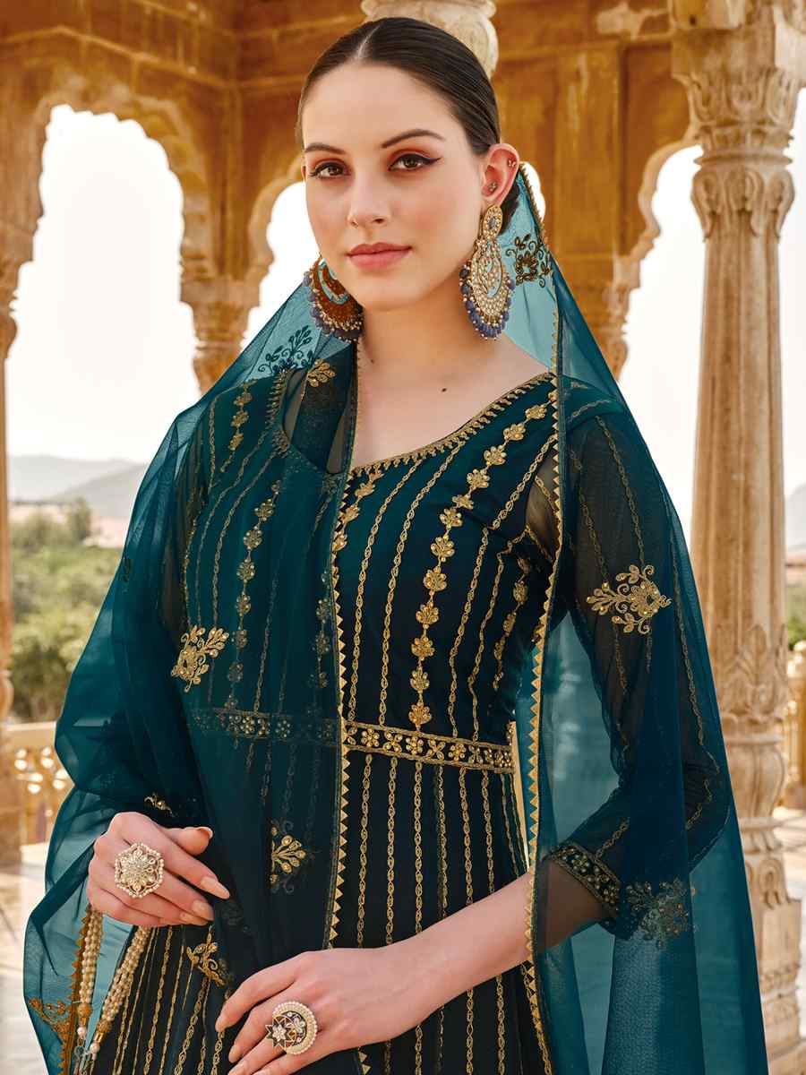 Teal Blue Pure Butterfly Net Embroidered Festival Party Ready Anarkali Salwar Kameez