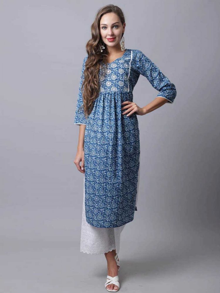 Teal Blue Pure Cambric Cotton Printed Festival Casual Kurti