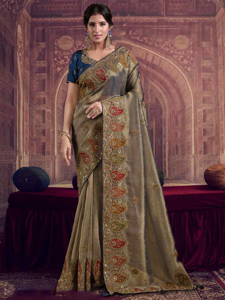 Teal Blue Pure Georgette Embroidery Festival Wedding Fancy Classic Heavy Border Saree
