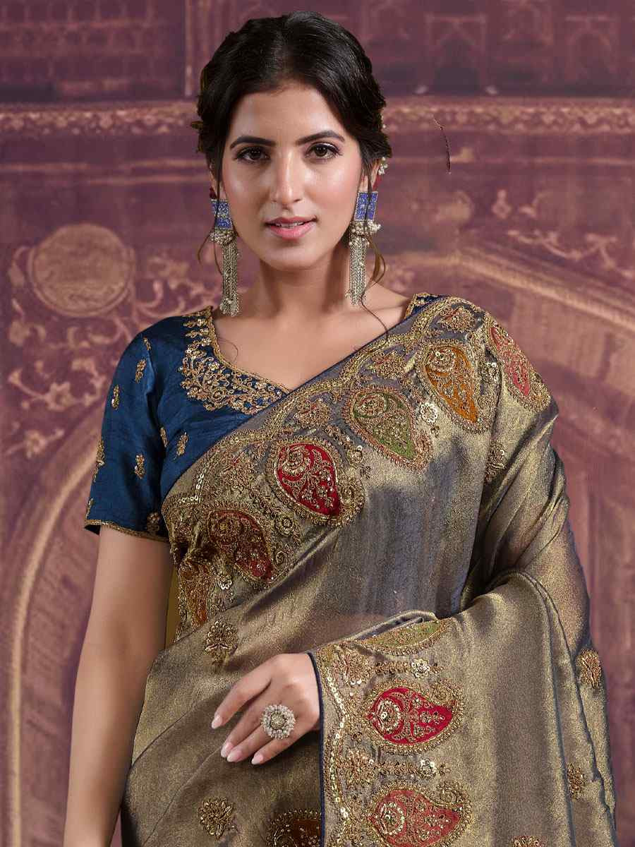 Teal Blue Pure Georgette Embroidery Festival Wedding Fancy Classic Heavy Border Saree