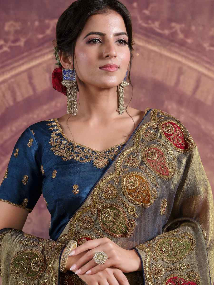 Teal Blue Pure Georgette Embroidery Festival Wedding Fancy Classic Heavy Border Saree