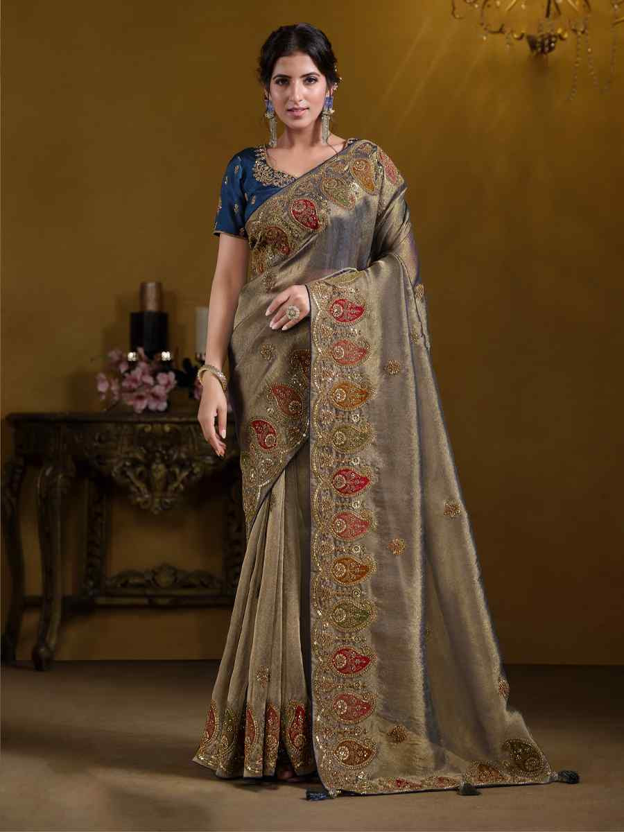 Teal Blue Pure Georgette with Zari Organza Silk Embroidered Festival Wedding Fancy Heavy Border Saree