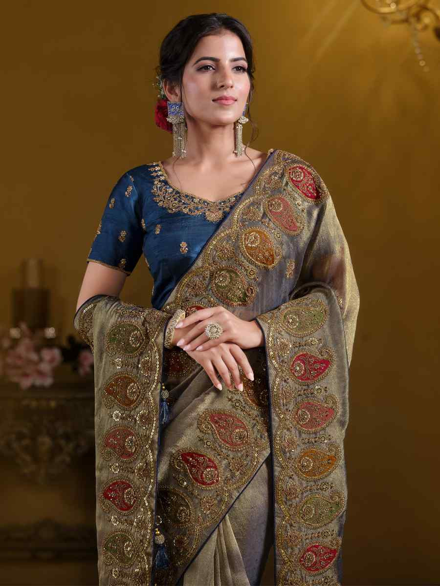Teal Blue Pure Georgette with Zari Organza Silk Embroidered Festival Wedding Fancy Heavy Border Saree