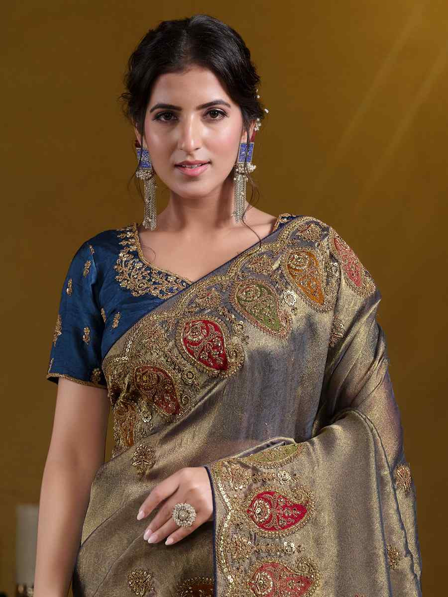 Teal Blue Pure Georgette with Zari Organza Silk Embroidered Festival Wedding Fancy Heavy Border Saree