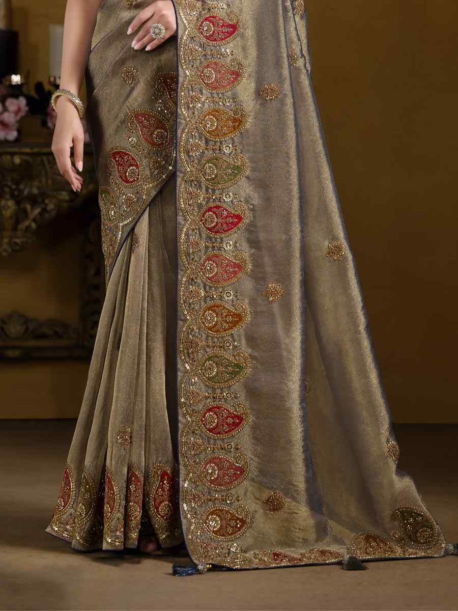 Teal Blue Pure Georgette with Zari Organza Silk Embroidered Festival Wedding Fancy Heavy Border Saree