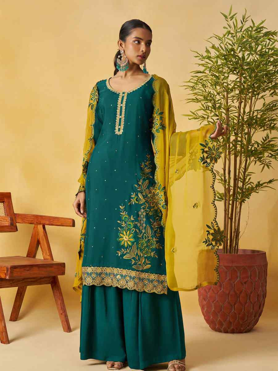 Teal Blue Pure Organza Embroidery Party Wedding Festival Casual Ready Palazzo Pant Salwar Kameez