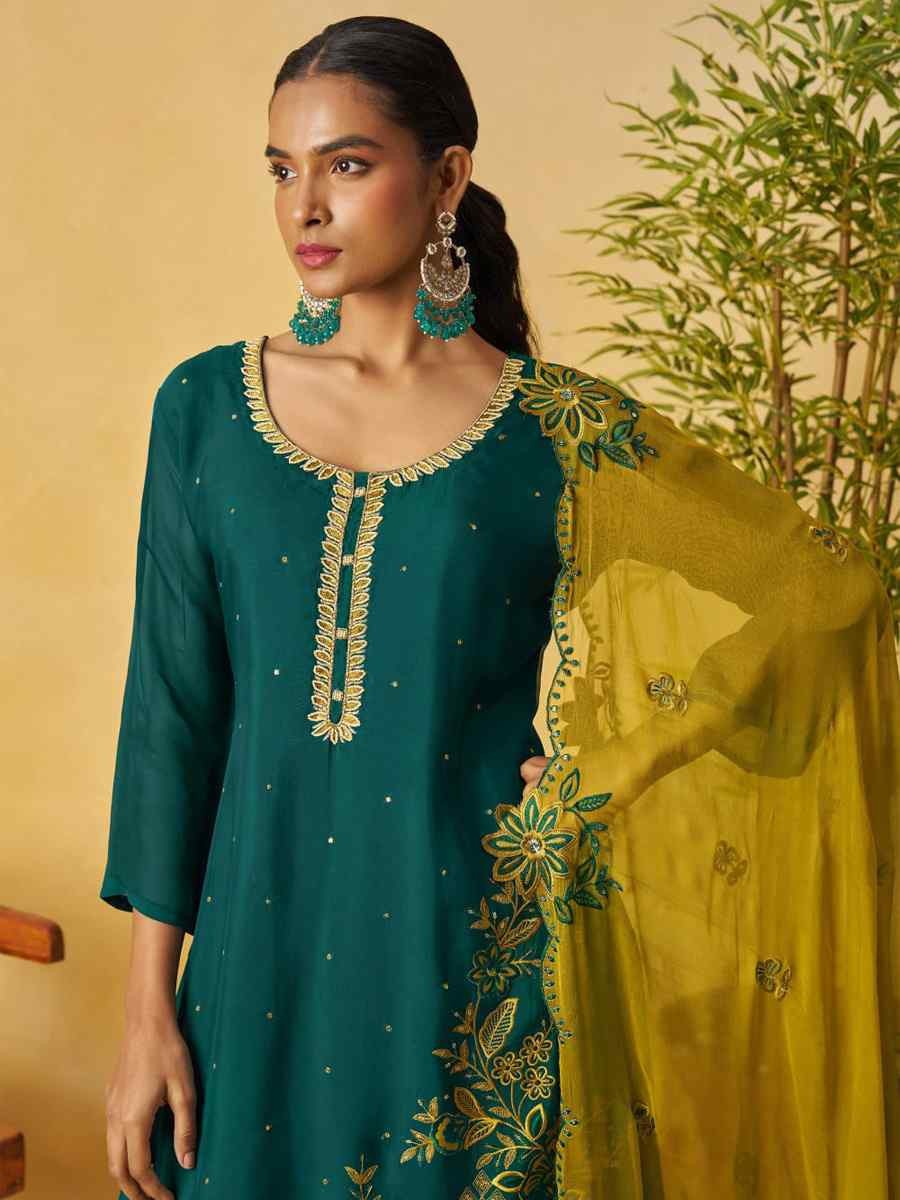 Teal Blue Pure Organza Embroidery Party Wedding Festival Casual Ready Palazzo Pant Salwar Kameez