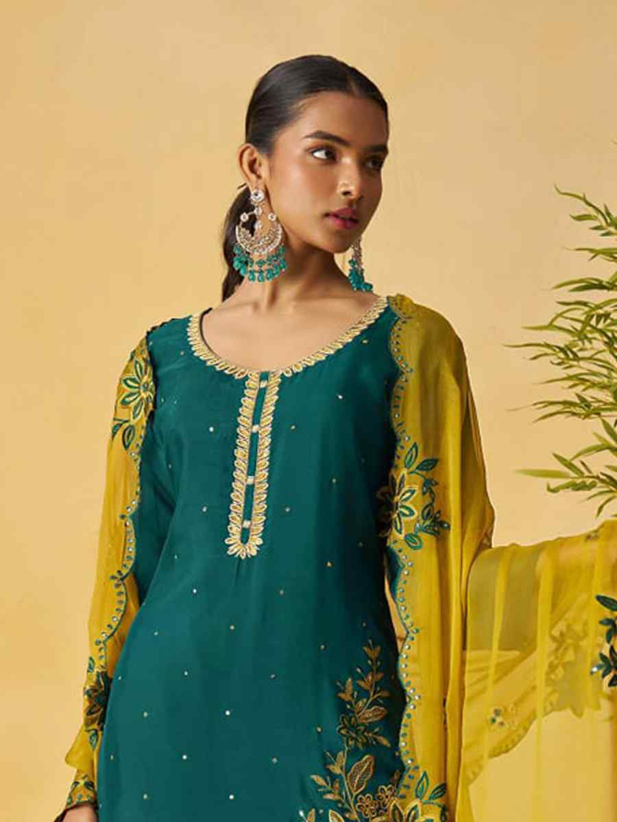 Teal Blue Pure Organza Embroidery Party Wedding Festival Casual Ready Palazzo Pant Salwar Kameez