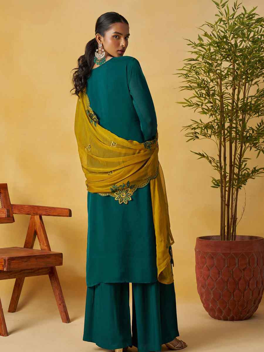 Teal Blue Pure Organza Embroidery Party Wedding Festival Casual Ready Palazzo Pant Salwar Kameez