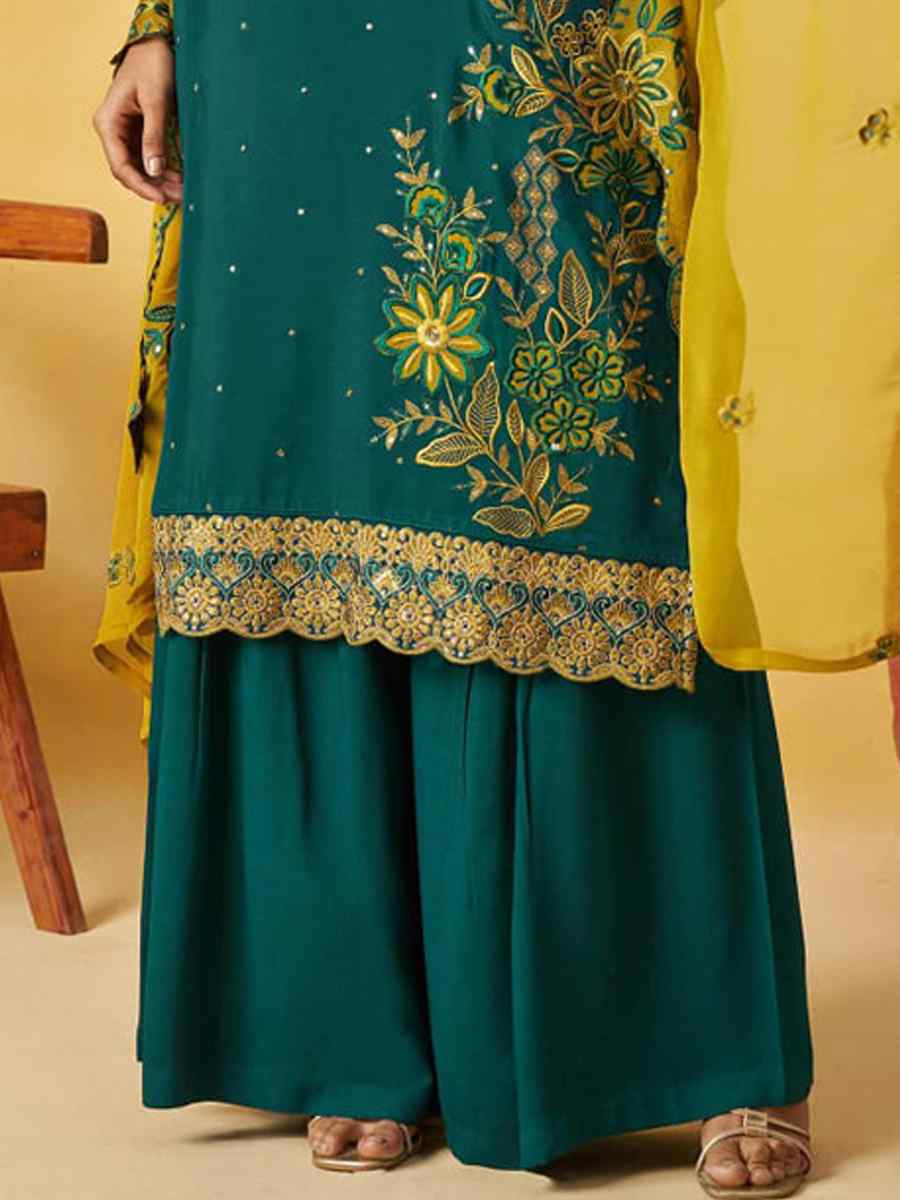 Teal Blue Pure Organza Embroidery Party Wedding Festival Casual Ready Palazzo Pant Salwar Kameez