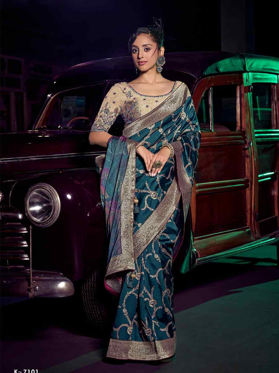 Teal Blue Pure Silk Handwoven with Embroidered Festival Wedding Fancy Heavy Border Saree