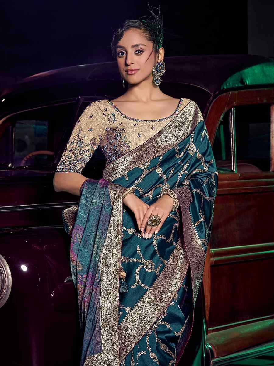 Teal Blue Pure Silk Handwoven with Embroidered Festival Wedding Fancy Heavy Border Saree