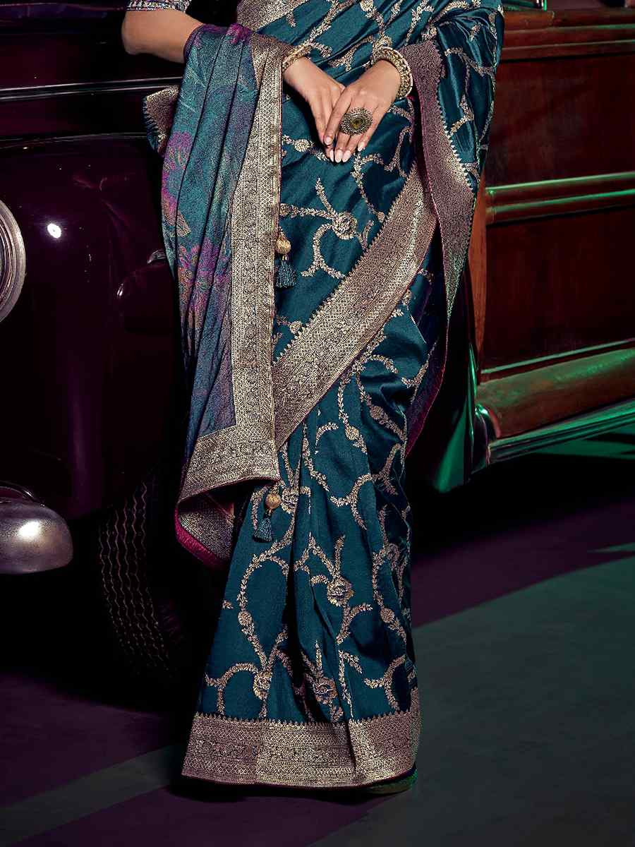 Teal Blue Pure Silk Handwoven with Embroidered Festival Wedding Fancy Heavy Border Saree