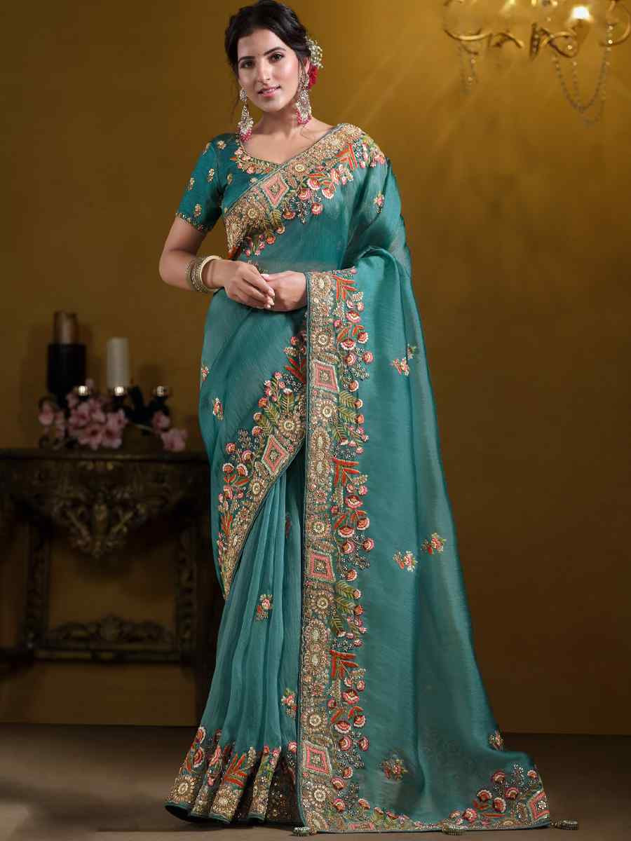 Teal Blue Pure Twill Tissue Embroidered Festival Wedding Fancy Heavy Border Saree