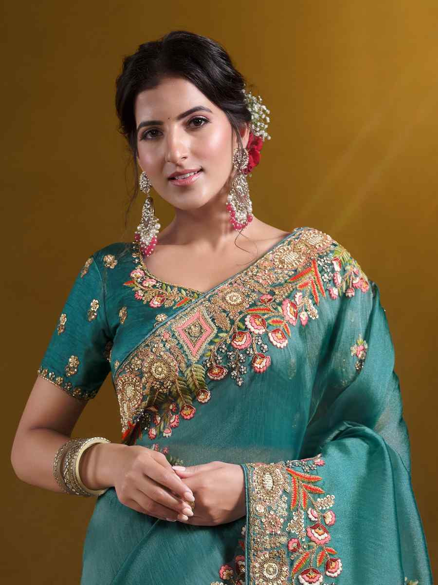 Teal Blue Pure Twill Tissue Embroidered Festival Wedding Fancy Heavy Border Saree