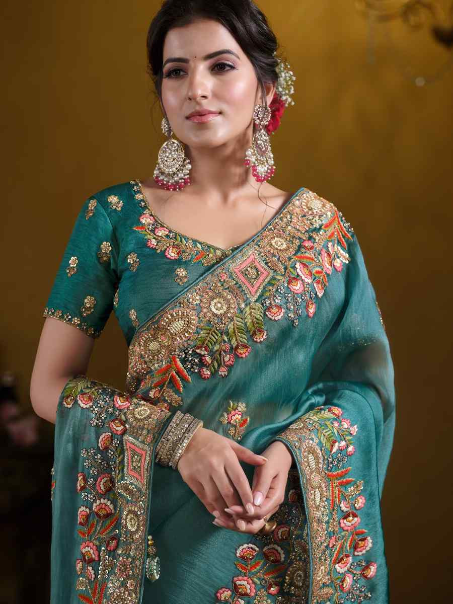 Teal Blue Pure Twill Tissue Embroidered Festival Wedding Fancy Heavy Border Saree